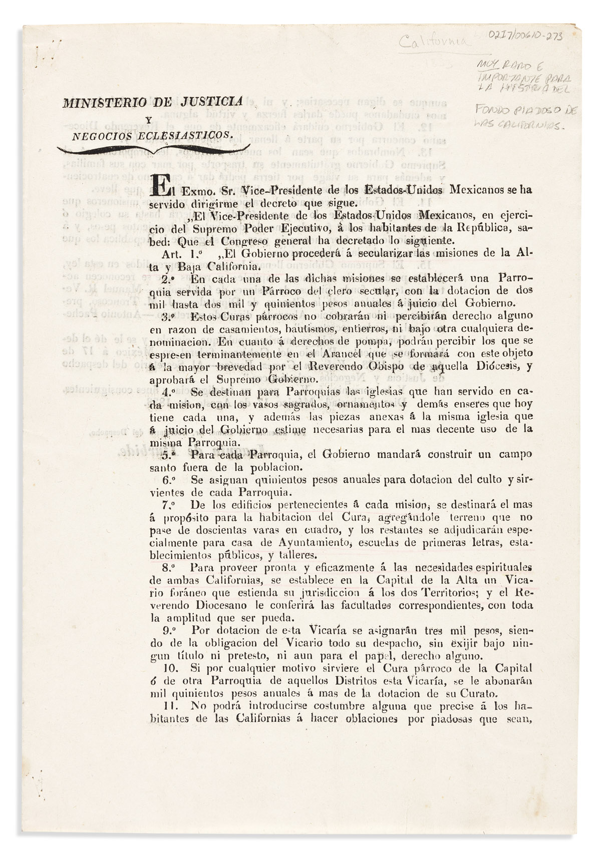 (CALIFORNIA.) Valentín Gómez Farías. Order to secularize the missions of Alta and Baja California.